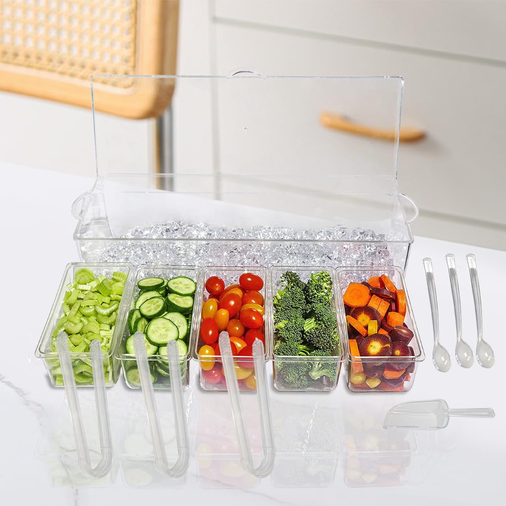 LucaSng Contenitori per condimenti con coperchio, vassoio per ghiaccio, organizer per condimenti, contenitore refrigerato, supporto per guarnire il ghiaccio, dispenser, piatto da insalata per feste e