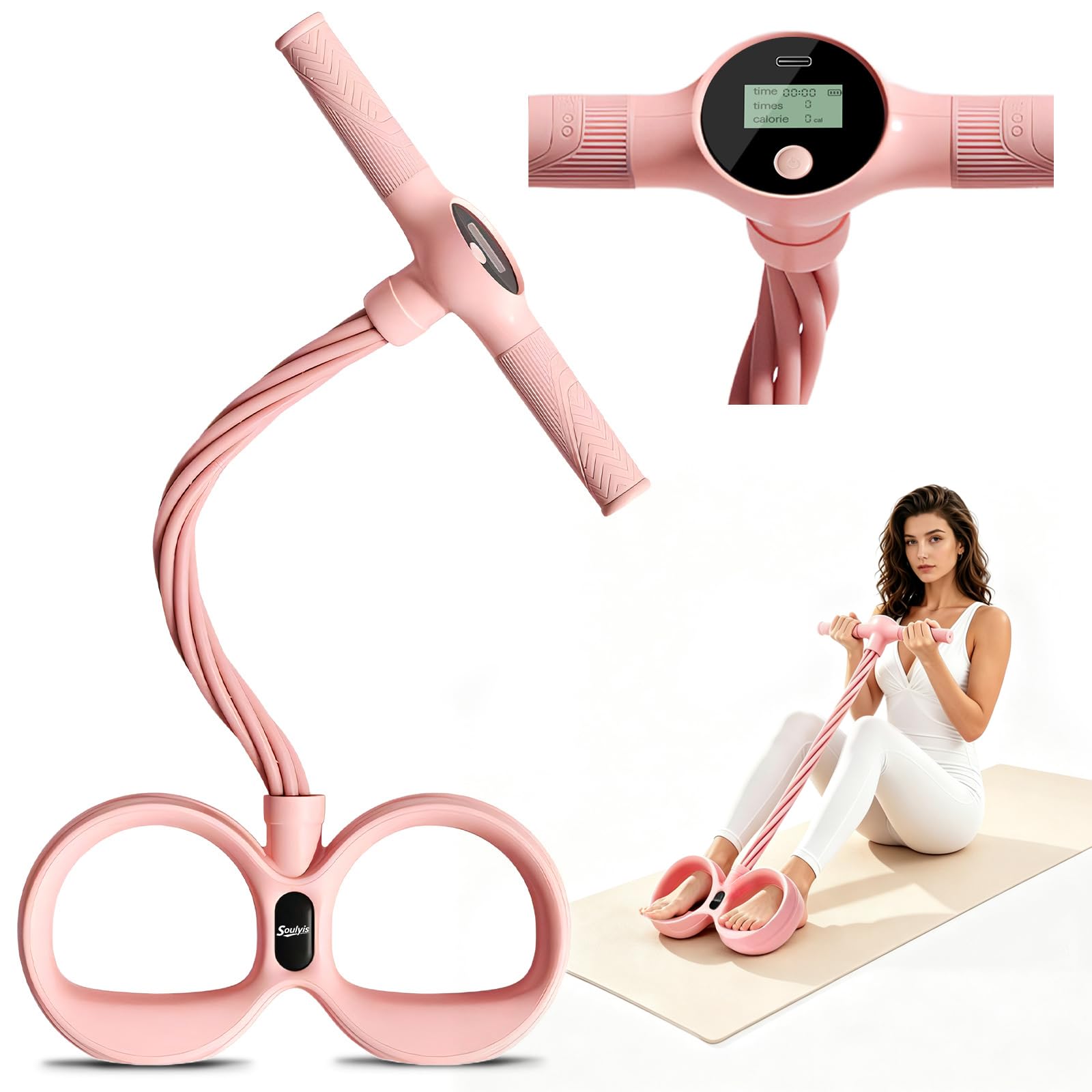 Pedal Resistance Bands with Handles, 6-Tubes Multifunction Pedal Resistance Band, Natural Rubber Foot Pedal Resistance Bands, Fitness Bands for Abdomen, Waist, Arm, Leg, Pilates Pink