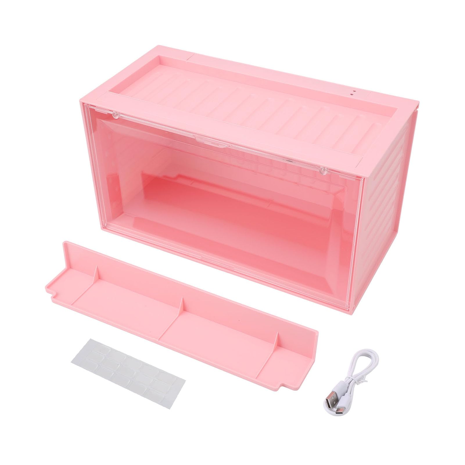 Figurenvitrine mit Licht HIPS PET 2-stöckige Mini-Figurenvitrine 12 LEDs Staubdicht Stapelbar Anschließbares Regal für Sammler-Schreibtischdisplay (PINK)