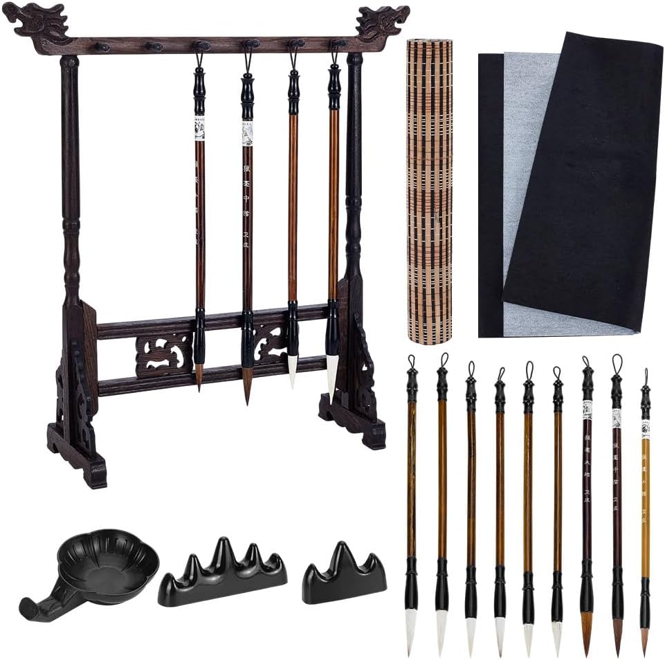 AHANDMAKER 15Pcs Chinese Calligraphy Brushes Set Kanji Japanese Sumi Painting Writing Drawing Brush Kit for Beginner Watercolor Art with Roll-up Brush Holder Ink Tray Containers Water Writing Cloth