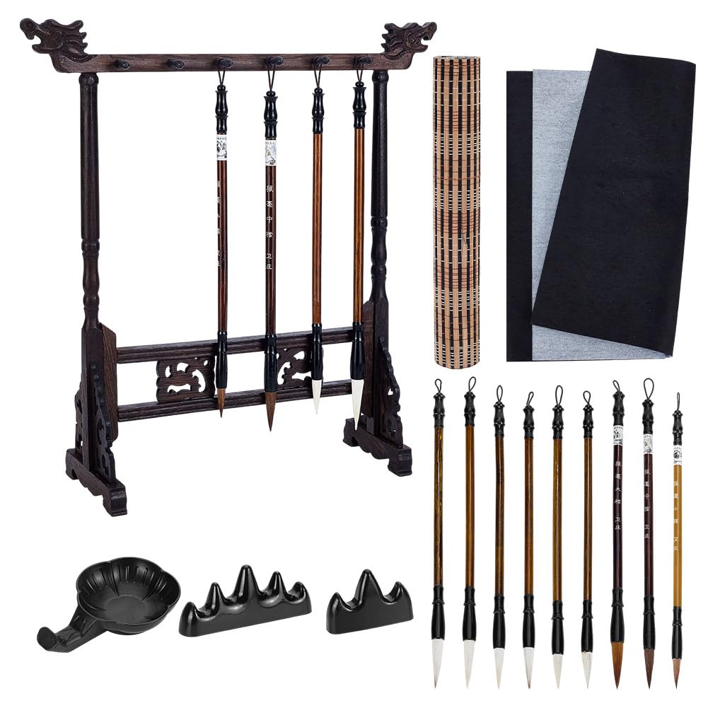 AHANDMAKER Set di 15 pennelli per calligrafia cinese Kanji Giapponese Sumi Volta Scrittura E Pennelli Da Disegno Set Per Principianti In Arte Acquerello Con Porta Pennelli Rullabile Contenitore