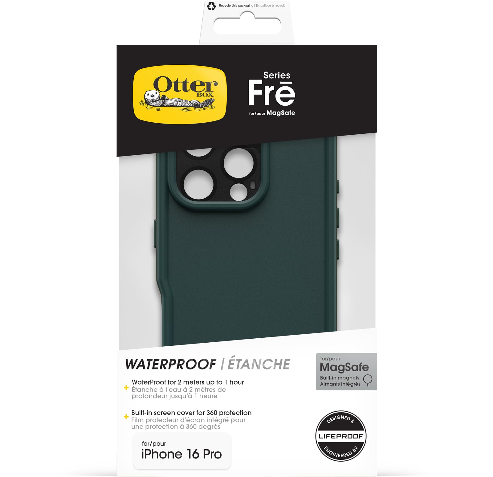 OtterBox Frē Series MagSafe Etui do iPhone 16 Pro, Wodoodporne (IP68), Etui z Wbudowanym Zabezpieczeniem Ekranu, Przetestowane 5 Razy Zgodnie ze Standardami Wojskowymi, Zielone