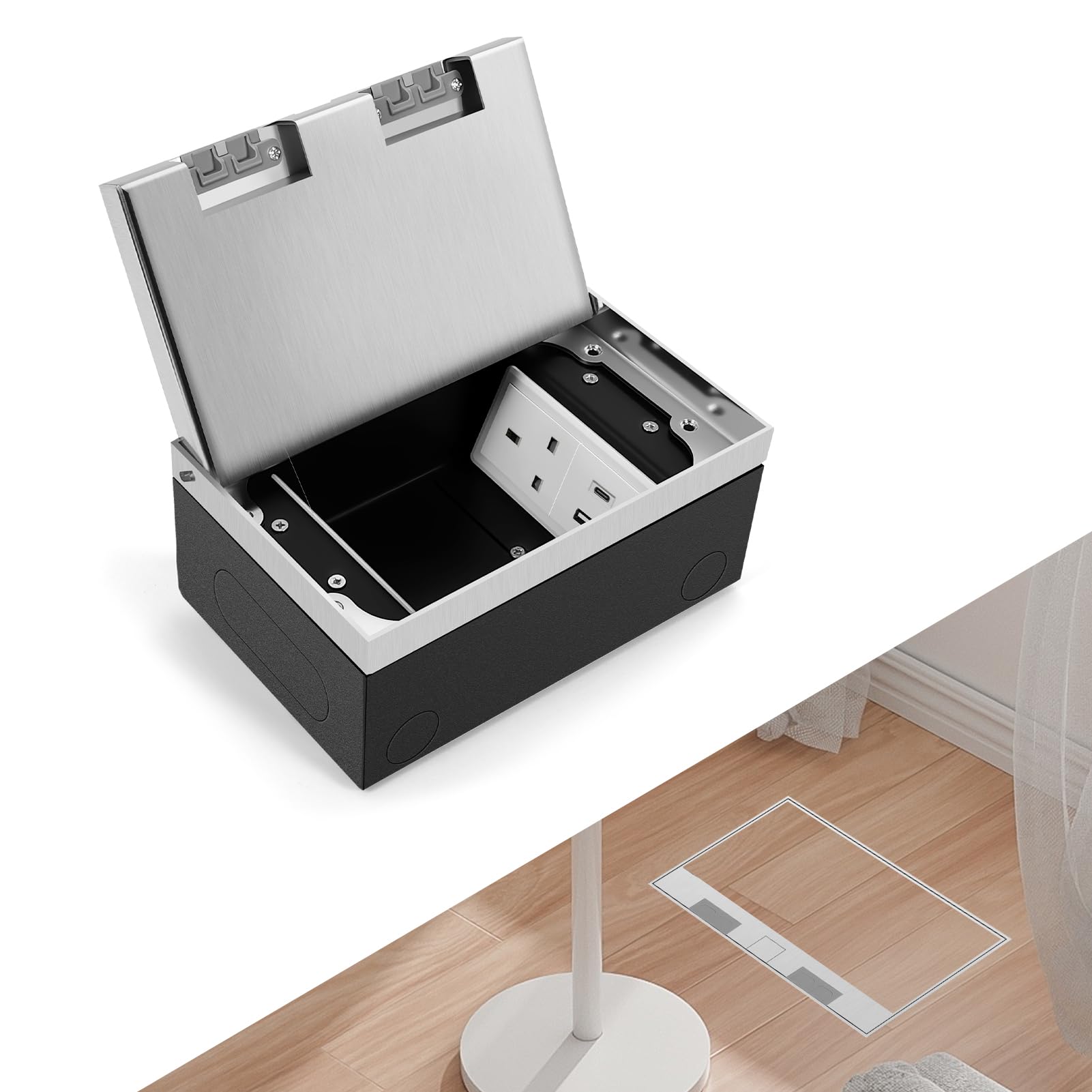 Hidden Recessed Pop-Up Floor Socket Kit, 2 x 13A UK Sockets + 2 x USB-A & USB-C Charging - Waterproof, Scratch-Resistant Cover for Kitchen, Office Floors & Conference Tables (Pure Silver)