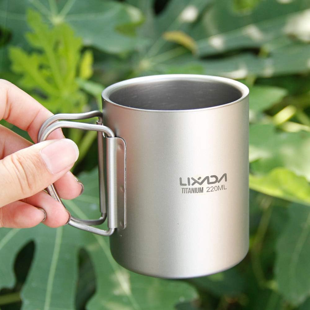 Lixada Camping Titanium Cup 220ml / 450ml Titanium Double Wall Cup Water Coffee Tea Cup Mug with Foldable Handle