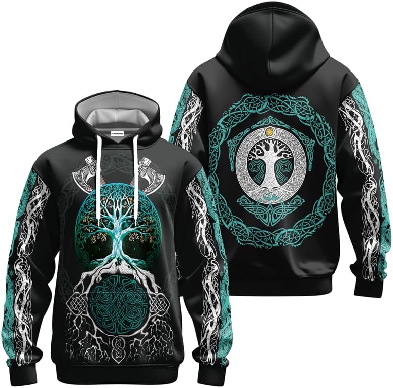 Viking Men's Hooded Collar Drawstring Hoodie Graphic Print Oversized Pullover Shirts with Pocket