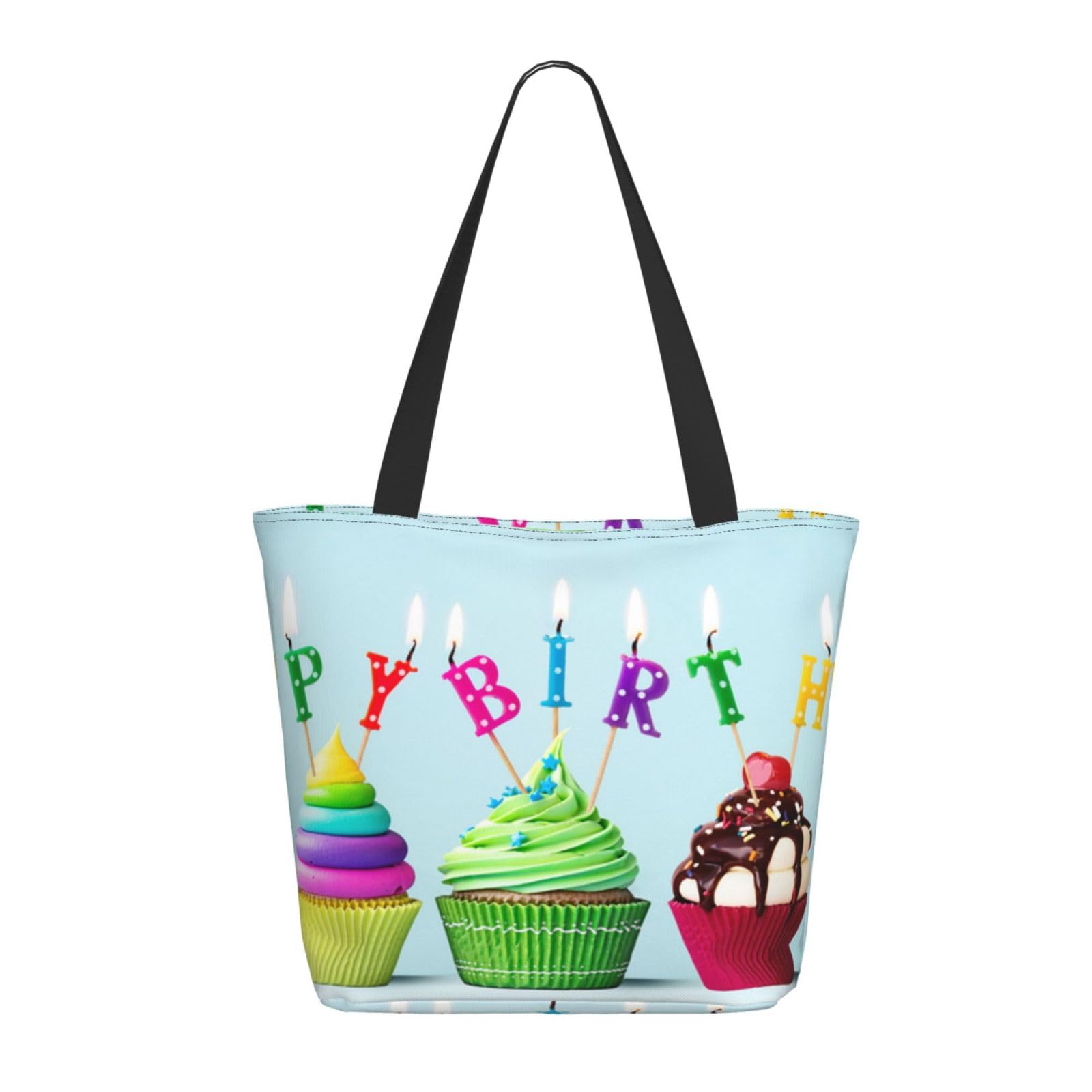 AABSTBFM Colorful Happy Birthday Cupcakes Printed Shopping Bags For Women Ladies Girls - Reusable Zipper Shoulder Tote Bag, Grocery Bags, Shopper Handbag, And Beach Bag