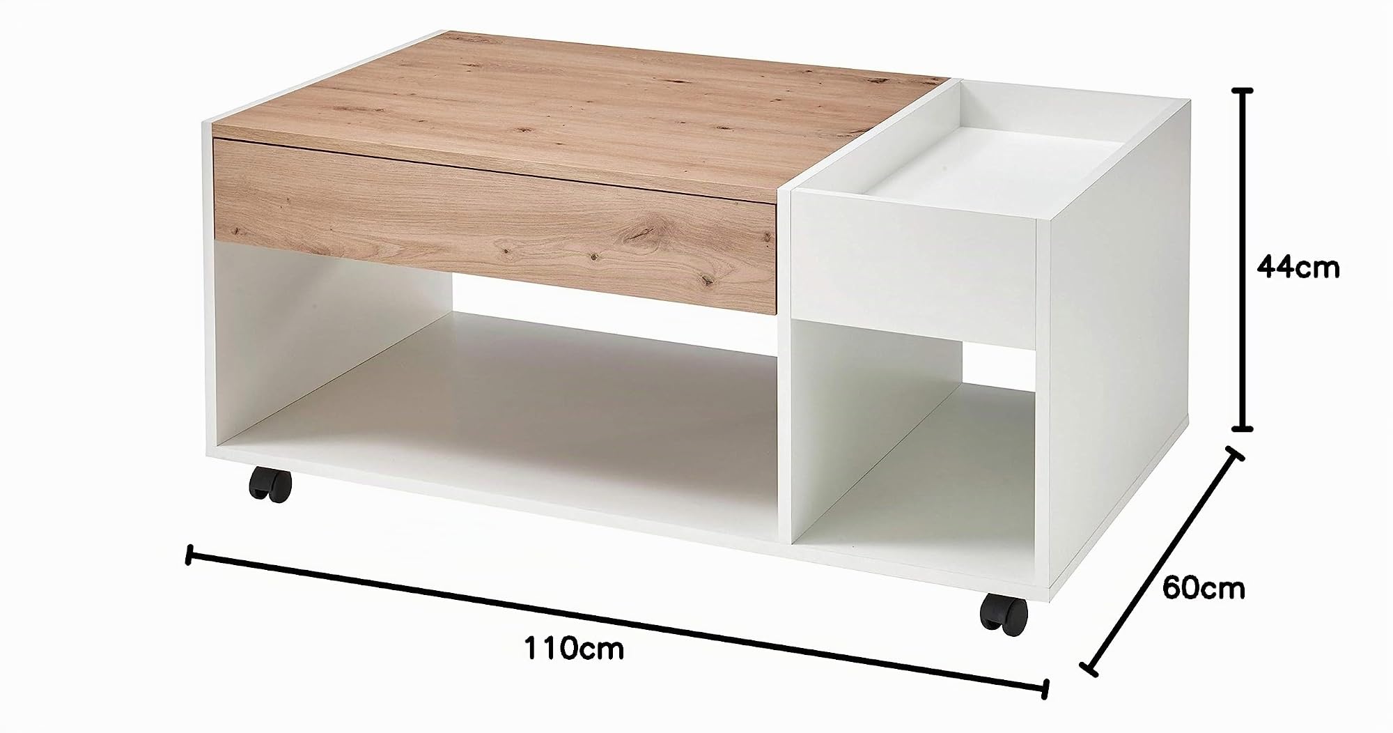 EMIL Couchtisch auf Rollen Artisan Eiche Weiß 110 x 44 x 60 cm (B/H/T) | Mobiler Sofatisch mit Ablagefach und Schublade, praktischer Beistelltisch für Wohnzimmer, Tisch auf Rollen