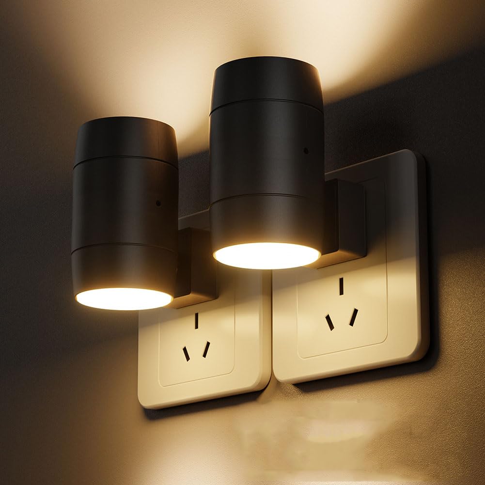 Nachtlicht Steckdose mit Dämmerungssensor 2 Stück LED Wandlicht 270° Drehbare Dimmbare Nachtleuchte Oberen und Unteren Beleuchtung Ultrahelles Nachtlampe Warmweißes für Schlafzimmer, Küche