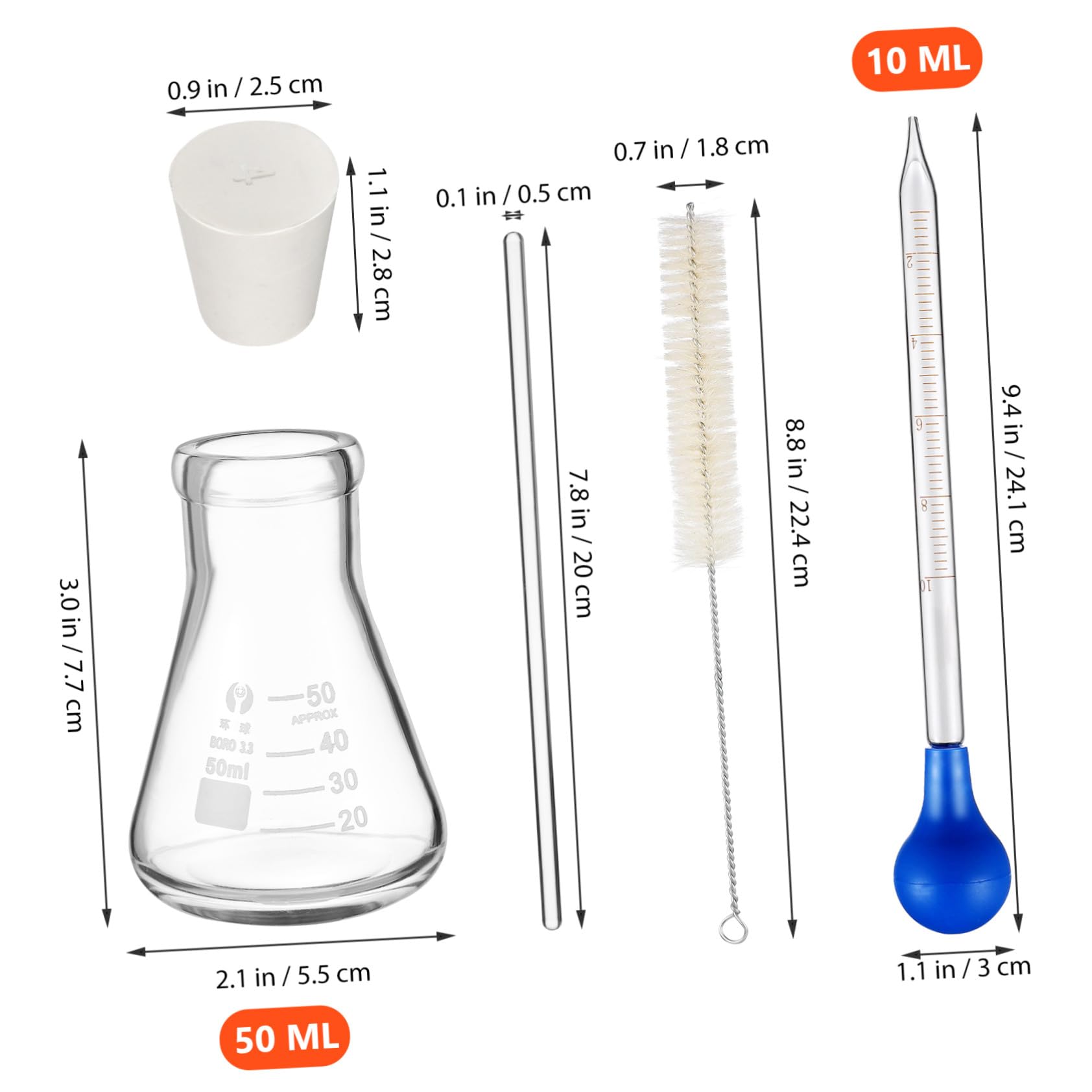 Juego de Matraz Erlenmeyer de Vidrio 50ml con Goteros | Escala Estándar y Medición Precisa, Base Redonda, 1 Set con Cepillo de Limpieza