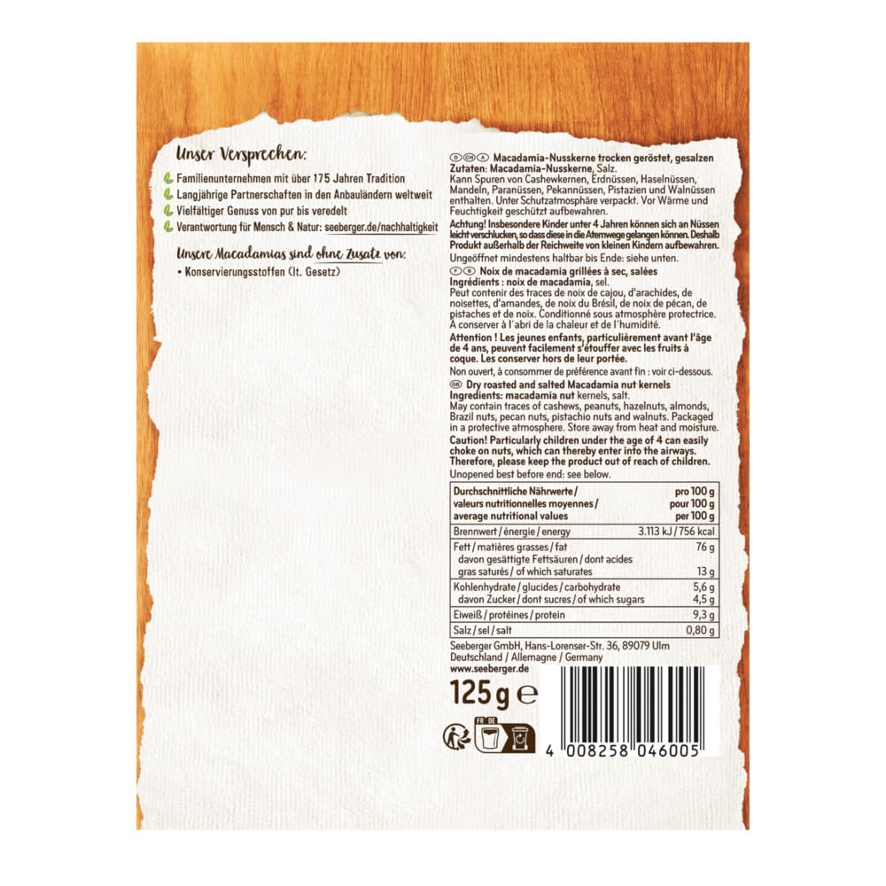 Seeberger Macadamia geröstet gesalzen 13er Pack 125 g Beutel