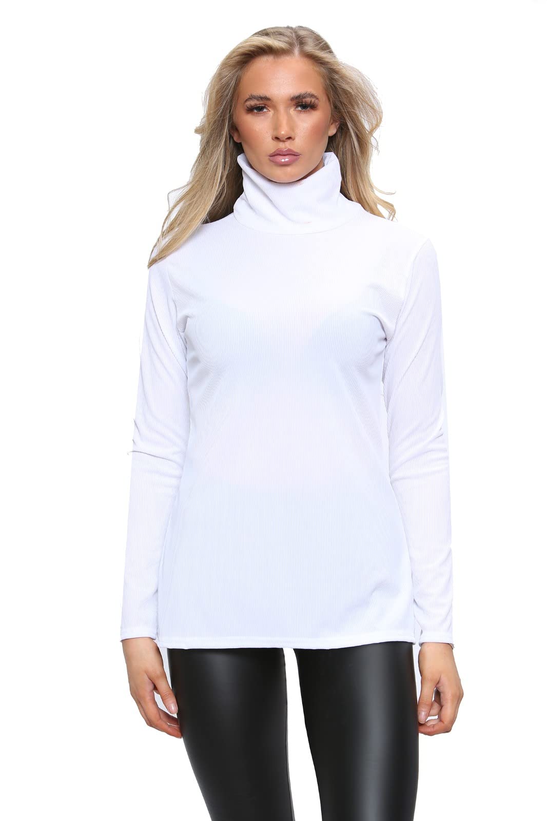Womens Polo Turtle High Roll Neck Plain Ribbed Long Sleeve Ladies Stretch T-Shirt Top (12-14, Cream)