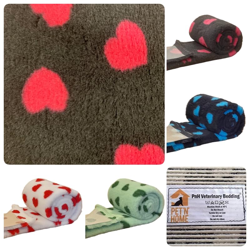 PnH Veterinary Bedding® NON SLIP Vet Bedding Whelping Fleece - Puppy/Dog/Pet Bed - HEARTS DESIGNS (Charcoal with Cerise Pink Hearts, 10m x 75cm ROLL)