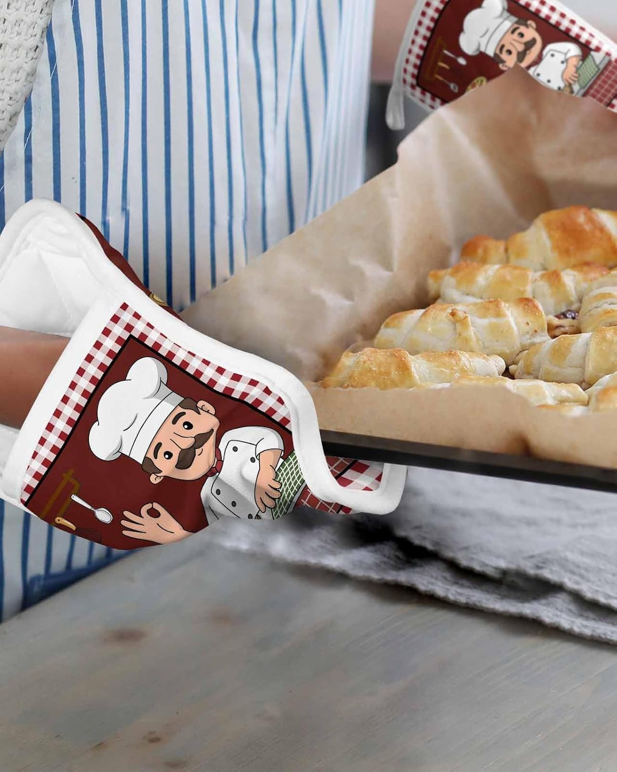 Pot Holders with Pockets, Heat-Resistant Hot Pads for Kitchen, Chef Gourmet and Knife and Fork on Red Oven Mitts Pot Holders Sets Potholders for Baking Cooking Pack of 5
