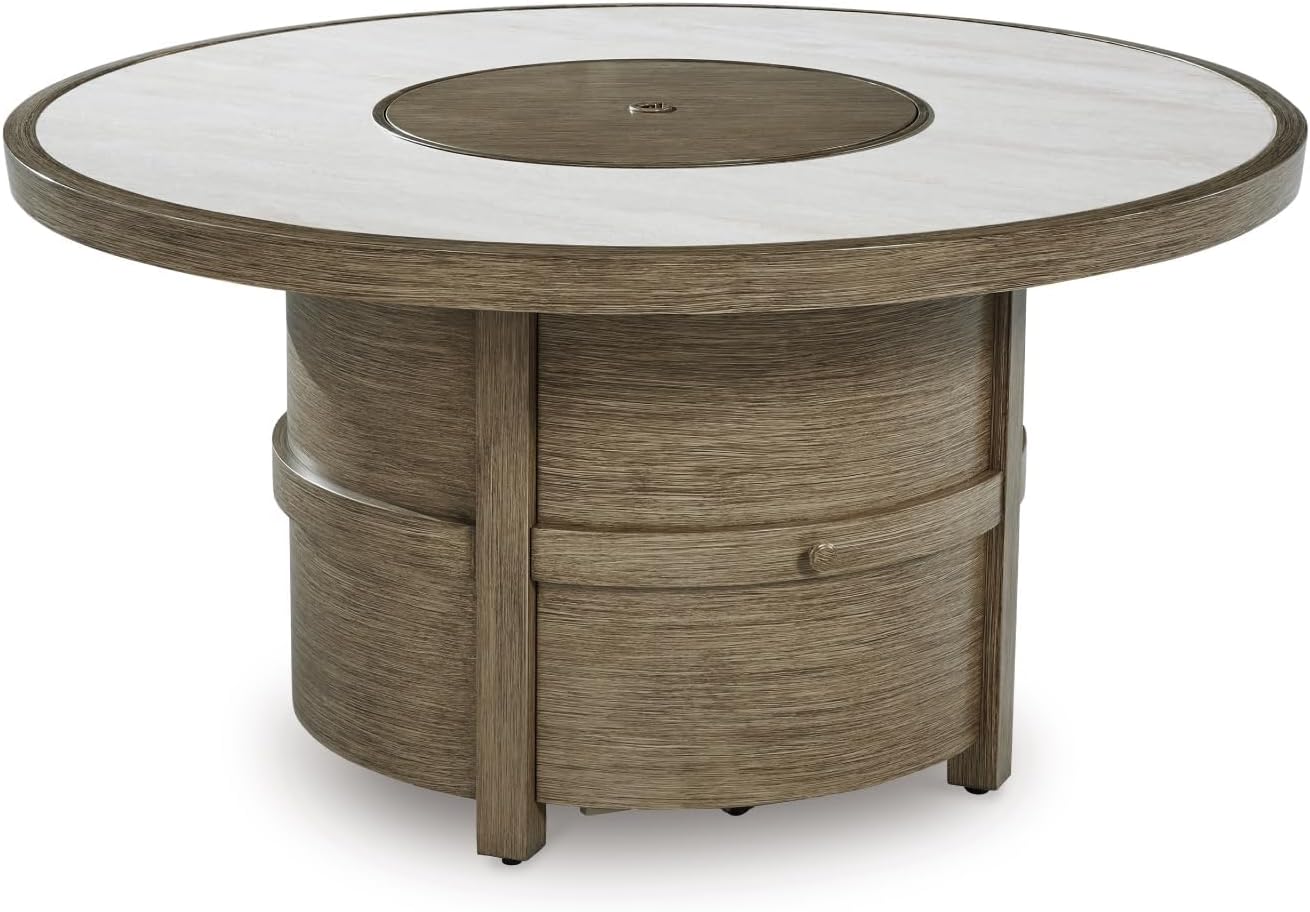 Bowery Hill Contemporary Wicker/Rattan Fire Pit Table, 48"x48"x25.5", Powder Coated Aluminum Frame with Wood-Look Finish, Beige Sintered Stone Top, Stainless Steel Burner, Outdoor Patio Use