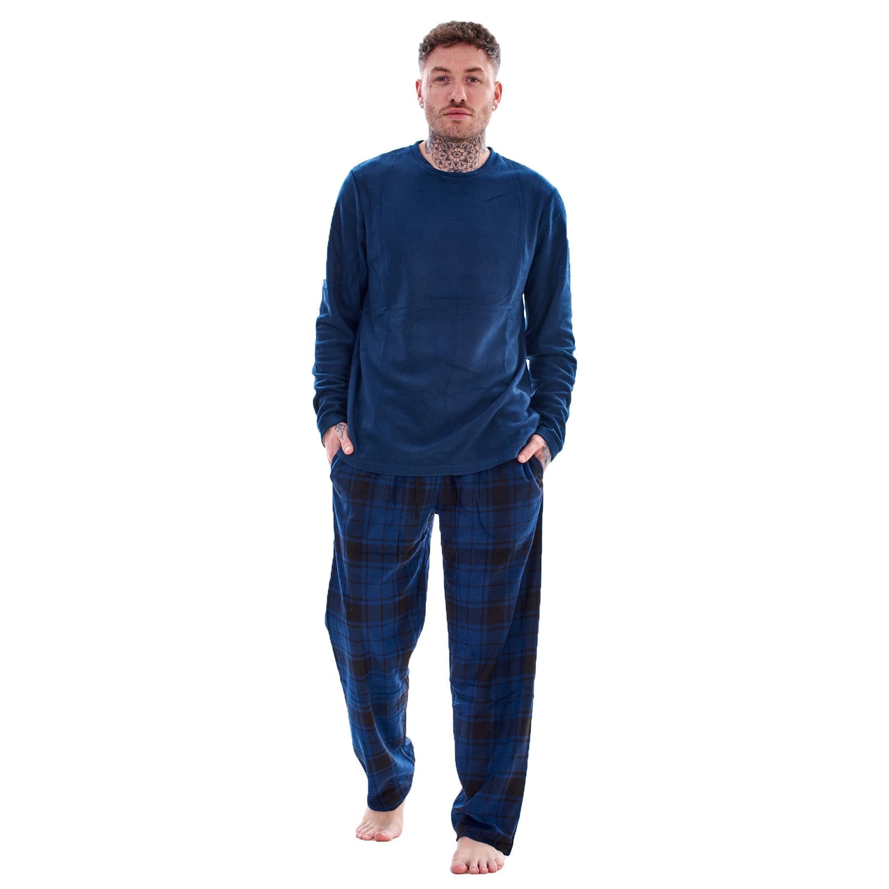 KeanuMens Microfleece Pyjamas - Solid Colour Crew Neck Top with Check Bottom Pyjama Set Loungewear - Supersoft Fleece - Assorted Designs - Sizes S M L XL 2XL