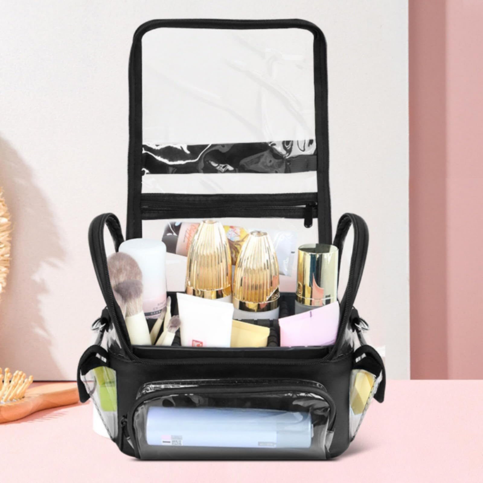 Trousse Toilette Transparente Gran Taille Trousse Maquillage Transparente Portable Sac Toilette en PVC pour urs, Array, Argenté, 27×17×22CM