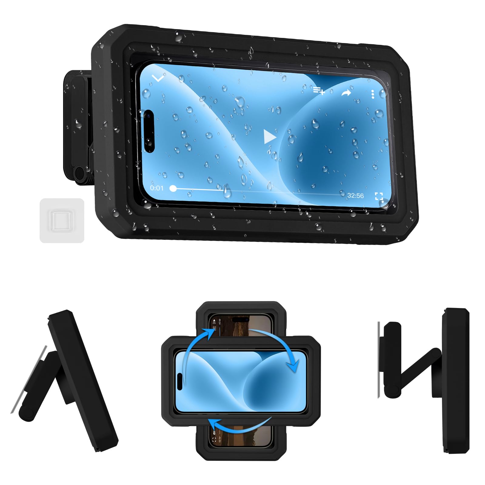 HOTUT Support de Téléphone de Douche Étanche, Étui Téléphone Mural Rotation à 360°, Support Universel pour Douche Salle de Bain Cuisine pour Moins 7" Phone, Écran Tactile Haute Définition - Noir