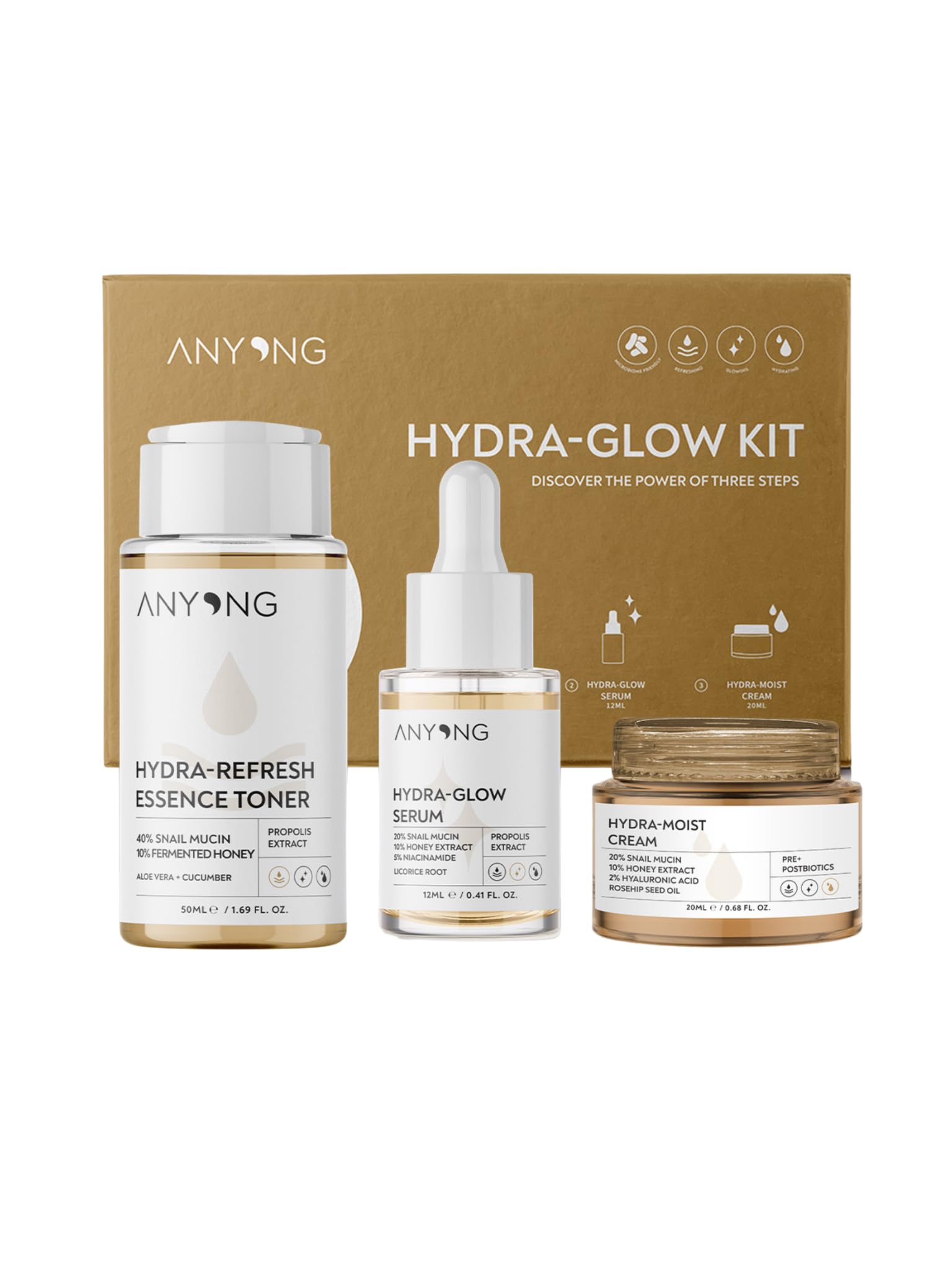 Anyong Salyangoz Özü Nemlendirici, Aydınlatıcı, Yatıştırıcı Cilt Bakım Kiti (TONİK, SERUM, KREM) Niacinamide (50 ML + 12 ML + 20 ML)