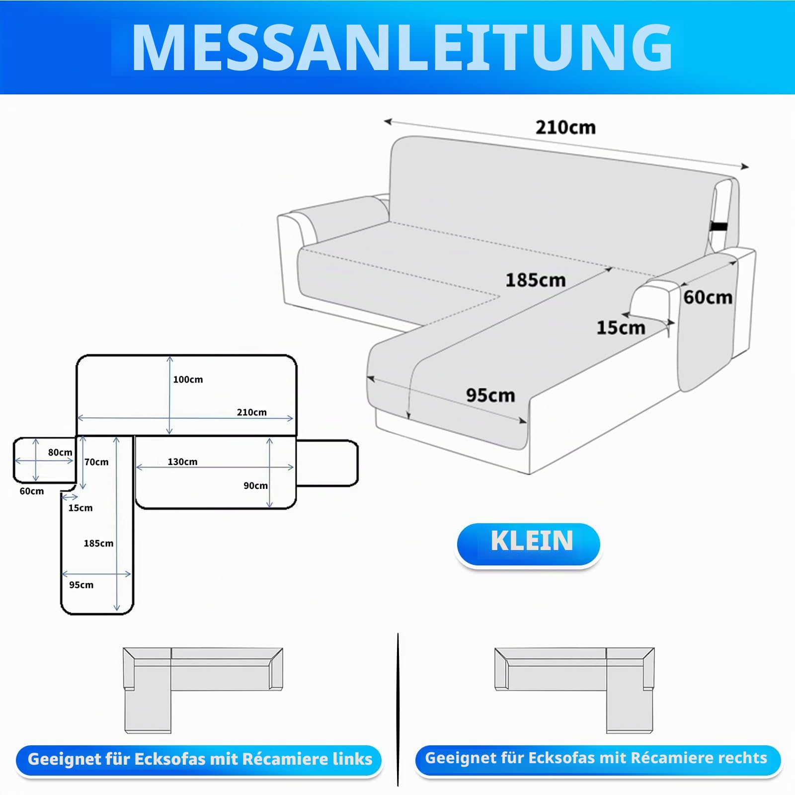 Wasserdicht Sofabezug L Form 2 Sitzer, Couch Überzug L Form Mit Armlehne rutschfest, Ecksofa Bezug Rechts/Links Universal Für Hund Katze, Graublau