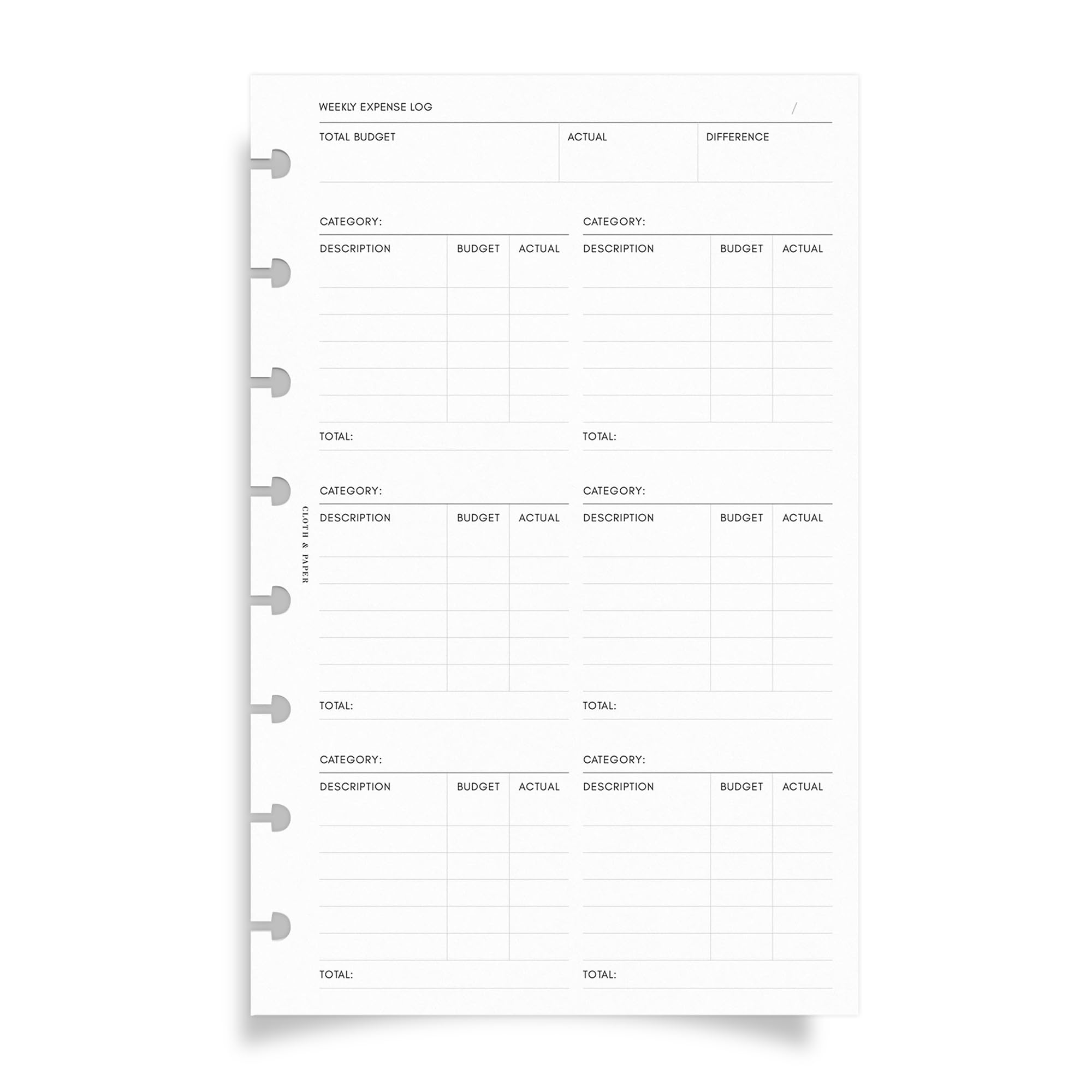 Planification financière, 60 pages (30 recto-verso), suivi budgétaire, paiements récurrents, aperçu mensuel, journal des dépenses hebdomadaires, économies et réflexion, papier épais à disque