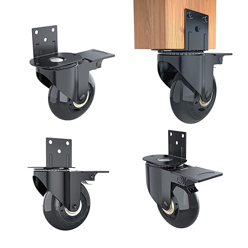 Hirate Paquete de 4 ruedas giratorias de placa en forma de L de 2.5 pulgadas con freno, ruedas de placa de montaje lateral, ruedas silenciosas