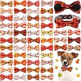 Hillban 50 Pcs Fall Collar Dog Bow Ties Maple Leaves Dogs Collar Accessories Pets Bow Ties Attachment with Elastic Bands Detachable Charms for Doggie Fall Autumn Costume