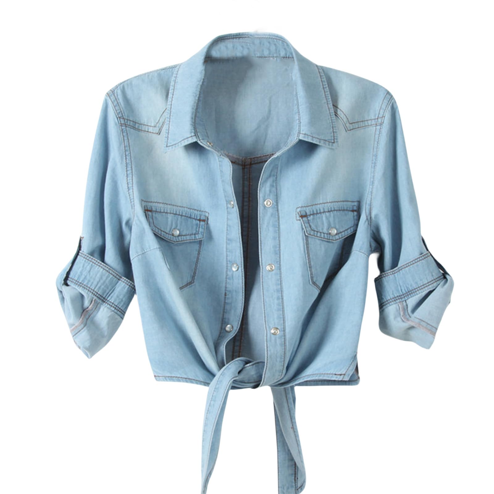 ZWRXW Womens Denim Crop Top Roll Up 3/4 Sleeve Tie Front Knot Shirt Chambray Casual Button Down Jean Shirts Blouses