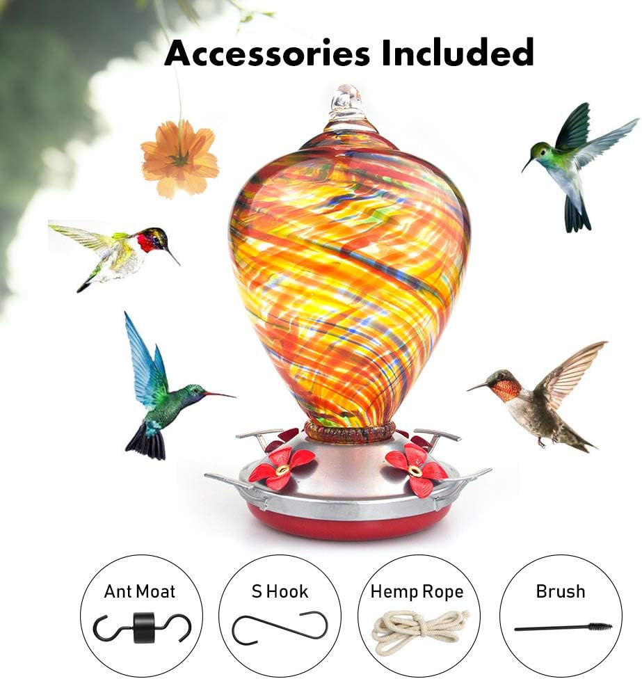 Muse Garden Hummingbird Feeder for Outdoors, Hand Blown Glass, 34 Ounces, Ant Moat Included, Candy
