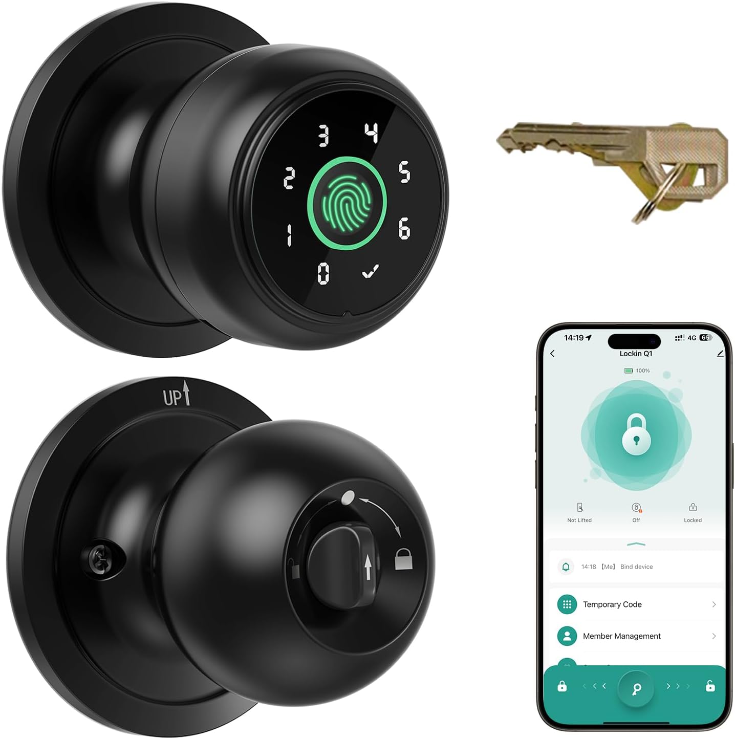 Lockin 4 in 1 Fingerprint Door Lock, Smart Door Knob with Lock, Biometric Door Lock with App Control & Key, Auto Door Lock with Code, Keyless Entry Door Lock for Bedroom, Front Door, Hotel, Apartment