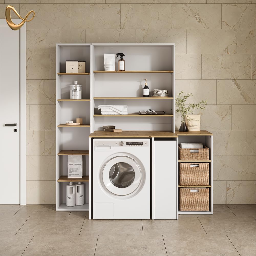 Livinity Armoire Machine à Laver Paolina, Blanc/Artisan, 93.6x88.2cm | 2 parties avec armoire et étagèreEspace supplémentaire au-dessus de l'appareil pour ranger les détergents et les accessoires