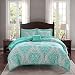Comfort Spaces - Coco Comforter Set - 3 Piece - Teal and Grey - Printed Damask Pattern - Twin/Twin XL size, includes 1 Comforter, 1 Sham, 1 Decorative Pillow