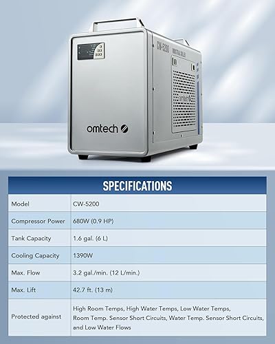 Miniatura 9 de OMTech Enfriador de agua industrial 6L CW-5200 para grabador láser y cortador, enfriador de agua para grabado láser de CO2 y máquina de corte, 0.9hp