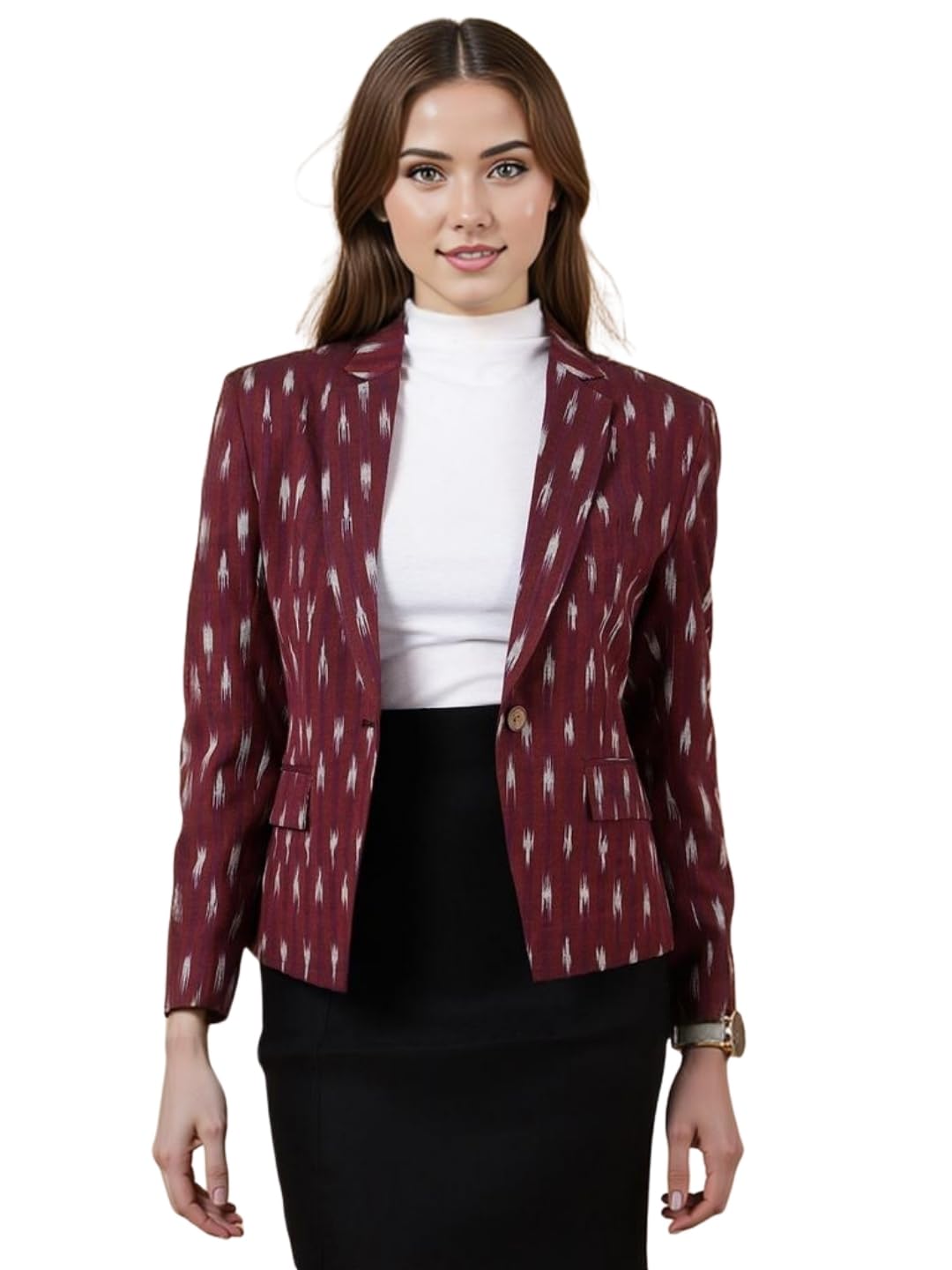 talethread Women's Ikat Maroon Cotton Blazer-picture-44