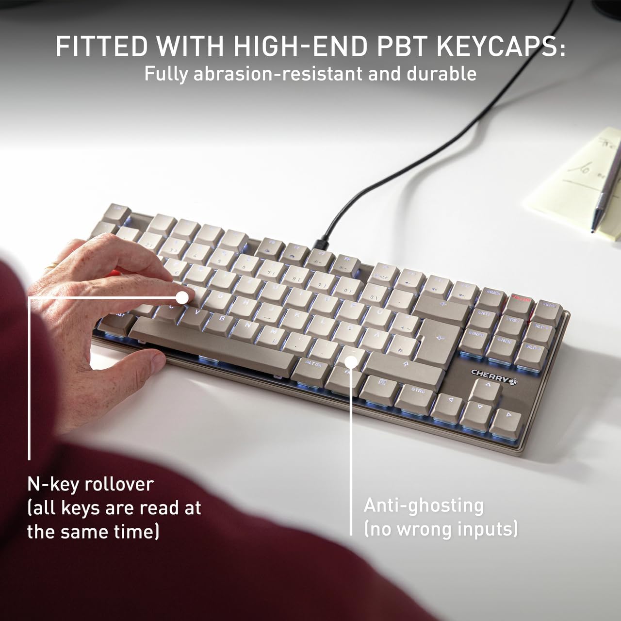 Cherry KC 500 MX LP Mechanical Low Profile Keyboard | Slim Design | White Lighting | PBT Key caps New MX LP 2.0 Switches (Gray, TKL)