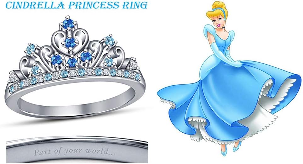 18K White Gold Over Round Blue Topaz & Aquamarine Princess Crown Wedding Engagement Ring For Womens