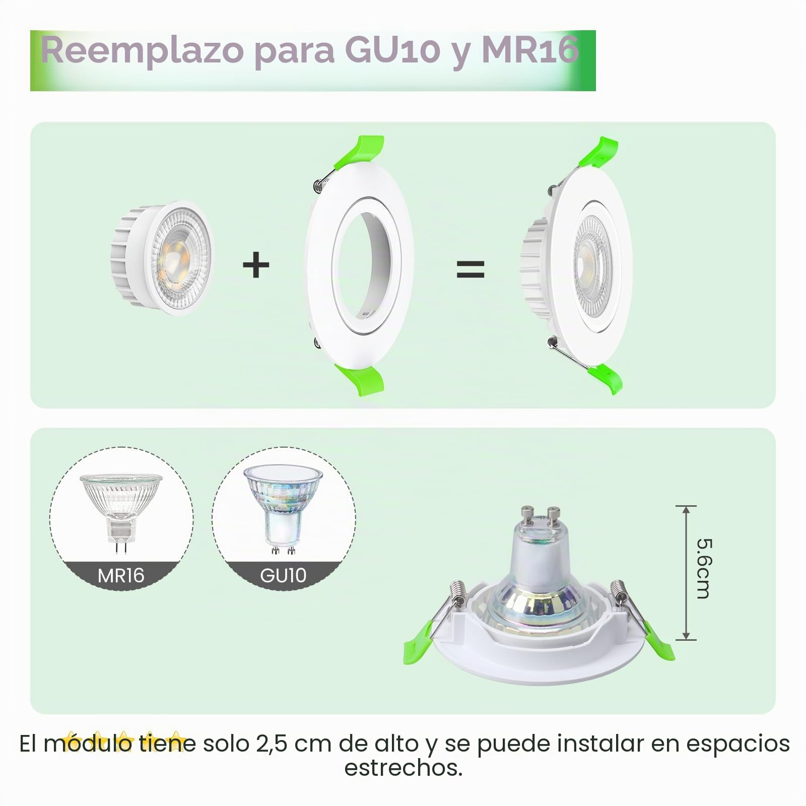 CLAR - Focos LED Interior Techo, Módulo LED Ultra Plano Regulable 6W, Seleccionador de tonalidad, Ajustable 110º(Pack 10)