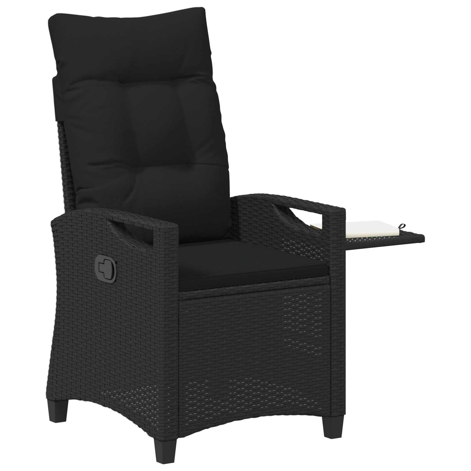 Regulowane krzesło ogrodowe czarne z polirattanu, 56 x 60 x 112 cm, krzesło outdoorowe ze składanym stołem, krzesło z podłokietnikami na taras, balkon, do ogrodu, odporne na warunki