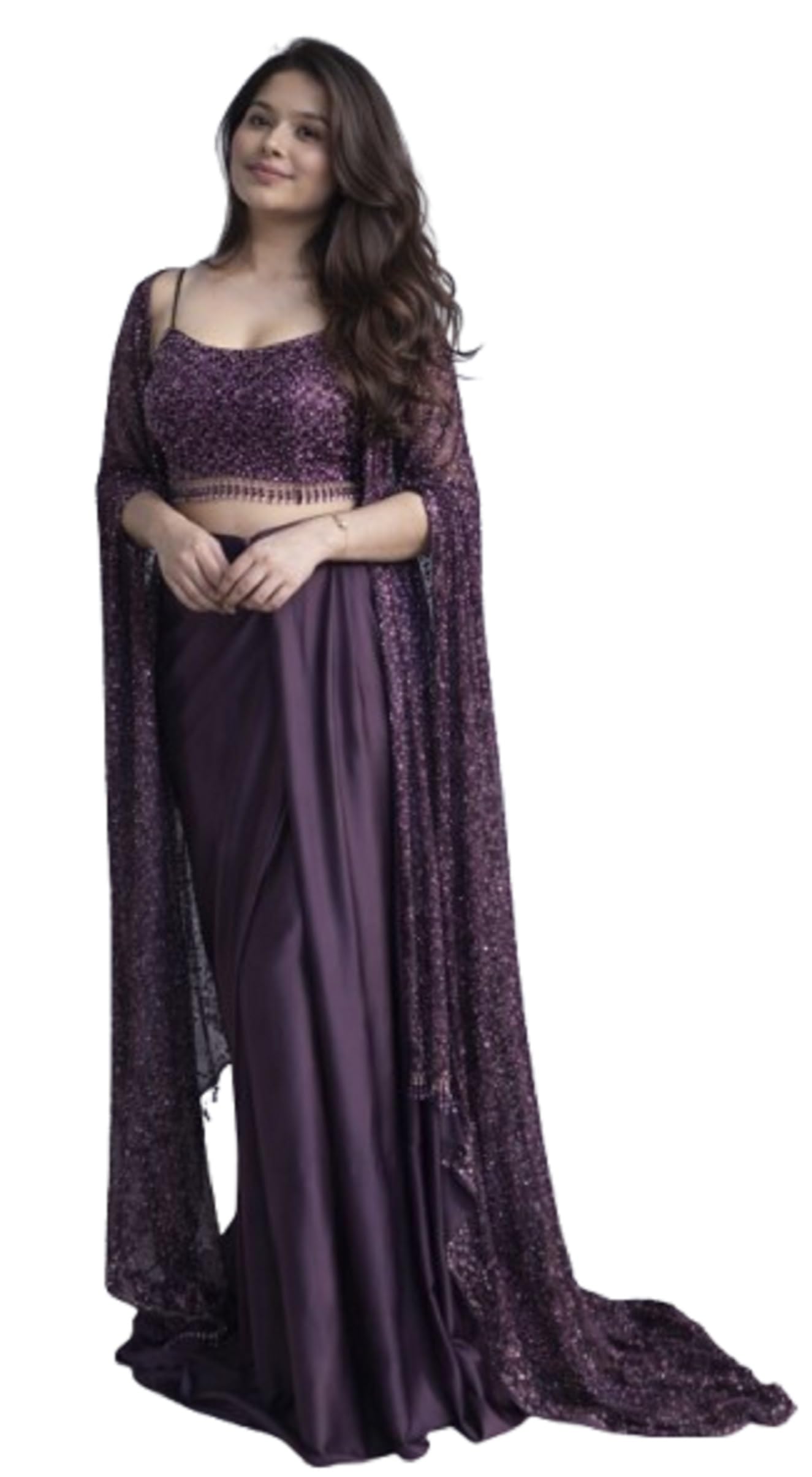 luxe vibe indo-western Crepe & Silk Dhoti Set with Silk Blouse & Sequined Shrug | Ready-to-Wear 3-Piece Ethnic Outfit for Women Purple Colour-picture-56