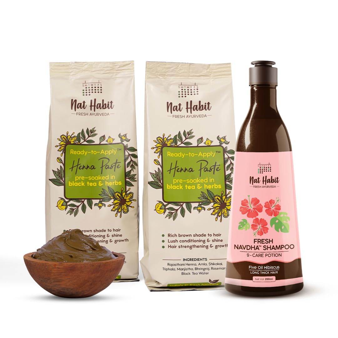 Nat Habit Fresh Ready-To-Apply Henna Paste & Five Oil Hibiscus Shampoo for Long Thick Hair, Hair Growth & Conditioning With Rich Dark Brown Color (Pack of 2x220g and 250ml)