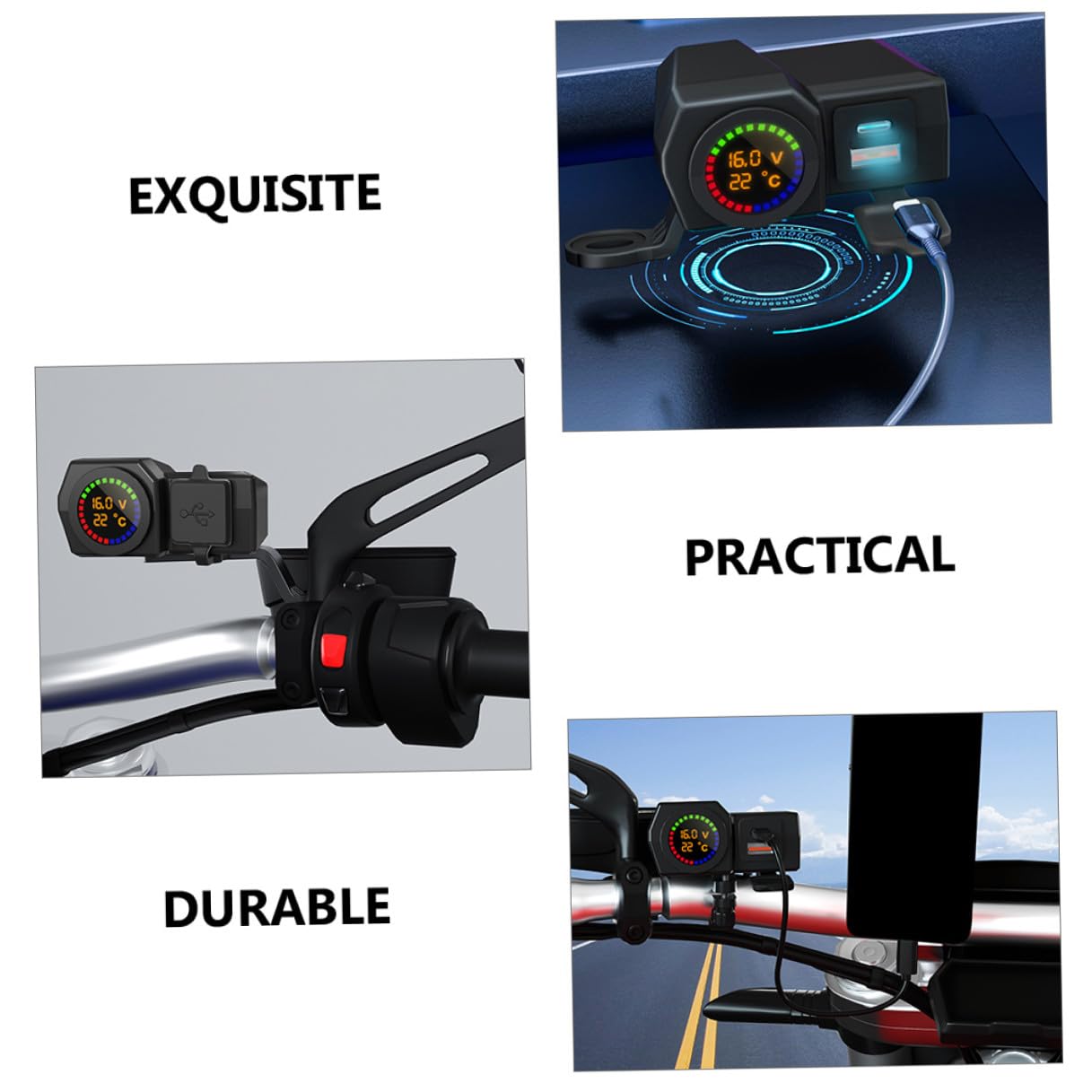 STOBAZA Motorrad Ladegerät mit Dualem USB Anschluss und Typ-c Digitales Voltmeter und Thermometer 70cm Stromkabel Schwarz aus Abs und Kupfer Kompatibel mit Motorrad und Autobatterie