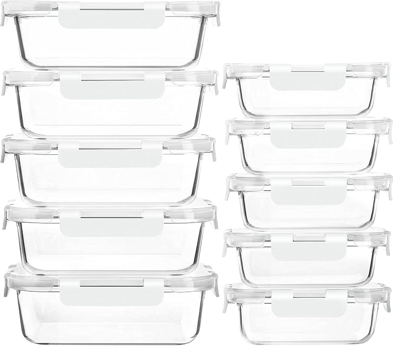 M MCIRCO 10 Pack Glass Food Storage Containers with Lids, White | Glass Meal Prep Containers,Airtight Lunch Containers with Lids, Microwave, Oven, Freezer and Dishwasher Friendly, BPA Free