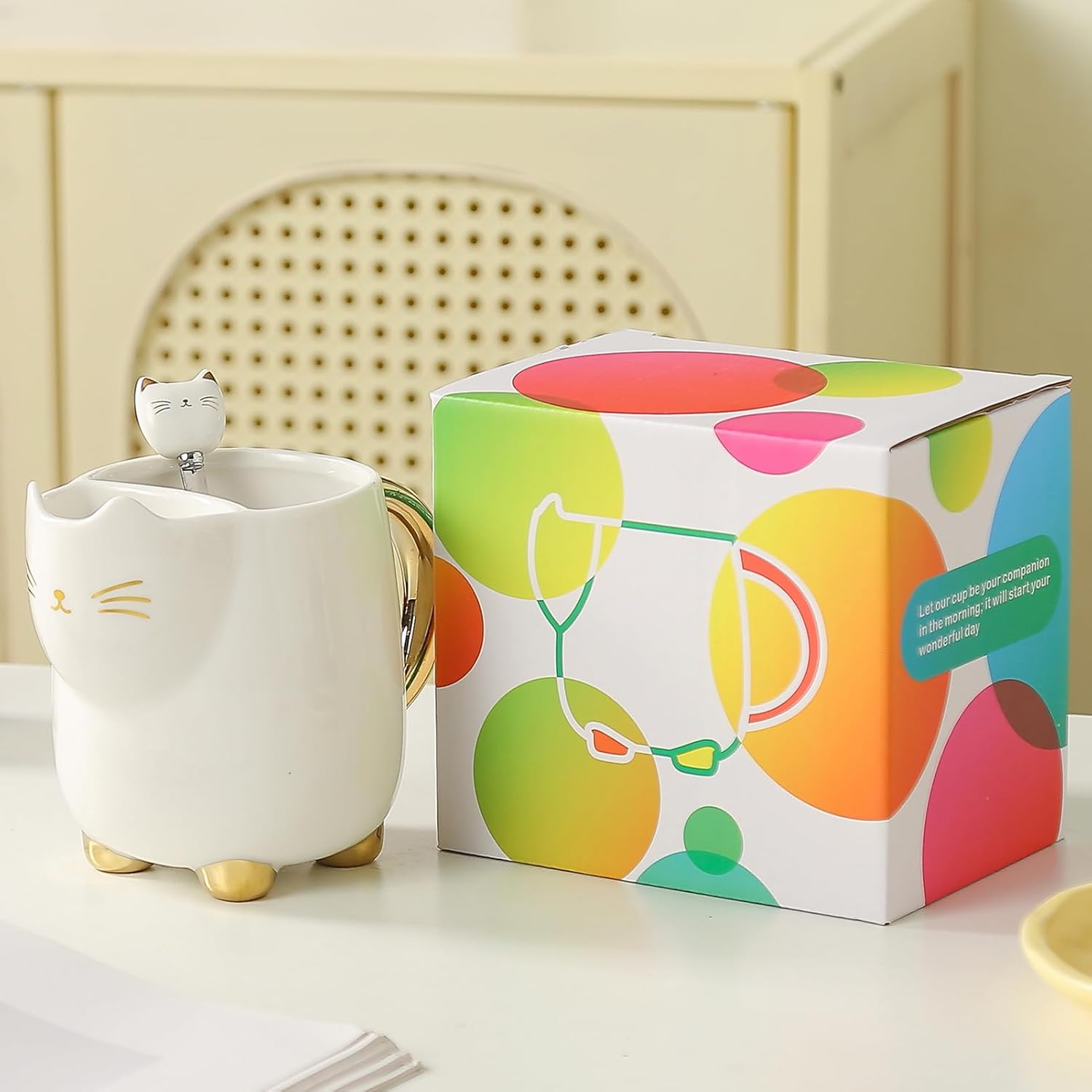 Yuwu 17oz Cat Mug with Tea Bag Holder & Spoon – Cute Ceramic kitty Coffee Cup Gift for Cat Lovers, Women, Girls – Tea Mug for Birthday, Christmas, Valentine’s Day (white) - Image 2