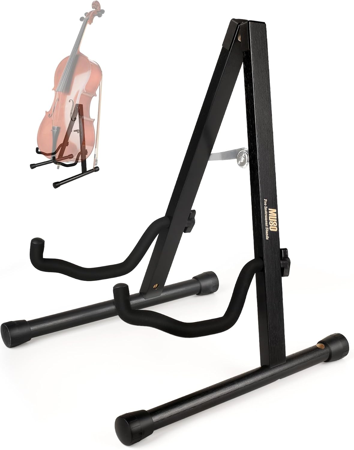 MUSO Cello Stand with Bow Holder,A-Frame Floor Stand with Padded Foam, Handcrafted Cello Rack Fits 1/2, 3/4, 7/8, 4/4 Full-Size and Guitar, Instrument Holder for Home and Studio Display