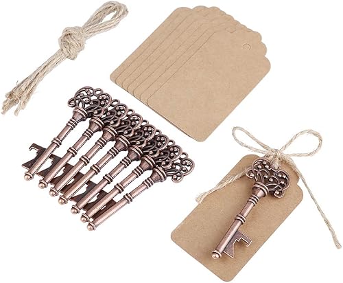 Juego de 12 piezas de abridor de botellas de esqueleto vintage, recuerdos de fiesta de boda, decoración de invitados, recuerdo con tarjeta de