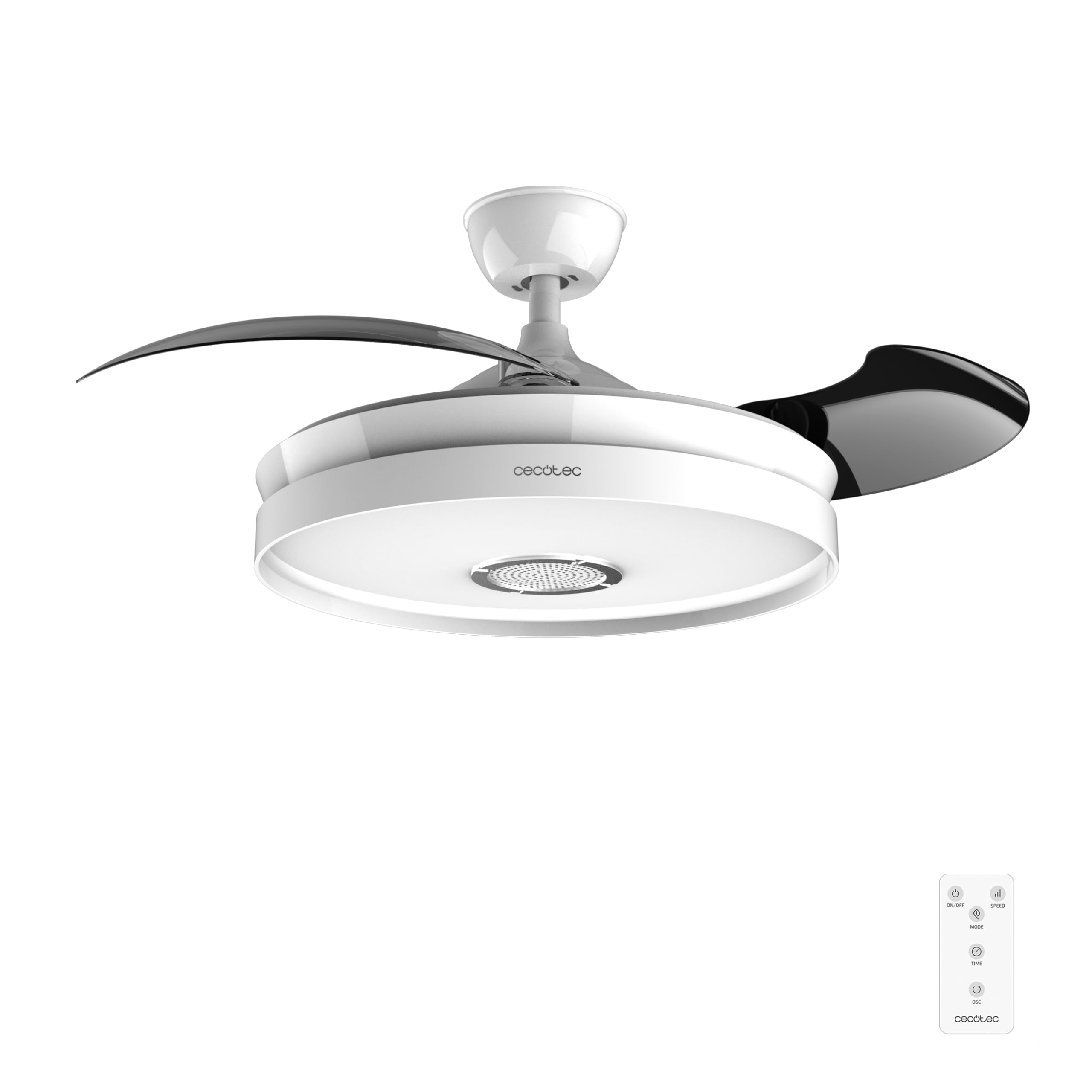 Cecotec Ceiling Fan with Retractable Blades, LED Light and Energysilence Aero 4360 Invisible Sound Speaker. 35W, Bluetooth Speaker, 6 Speeds, Remote Control, Timer, LED, Elegant Design