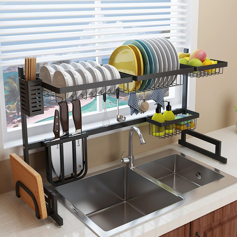 Stainless Steel Over Dish Drying Rack Large Shelf Drainer Space-Saving Rack for 99% S Black 65Cm Perfect for Counter Nization,Black-85cm