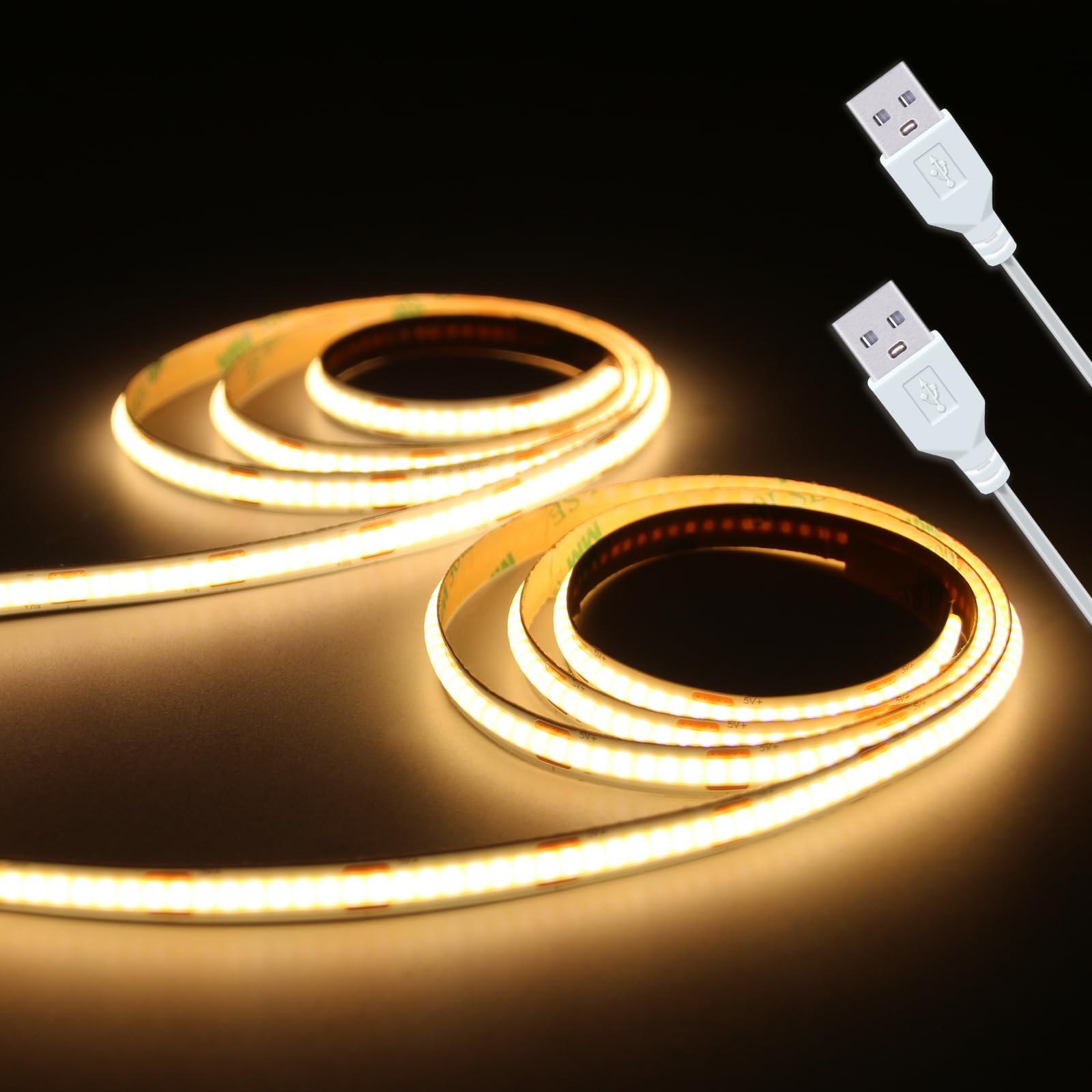 UVTaoYuan Led Strip Lights 5V USB 320 LEDs 2Pack COB LED Strip Light 3000K Warm White Not Dimmable Flexible led Lights for Home DIY Lighting Room Decor TV Lights Indoor Use (3.28FT/3000K*2) — image 1