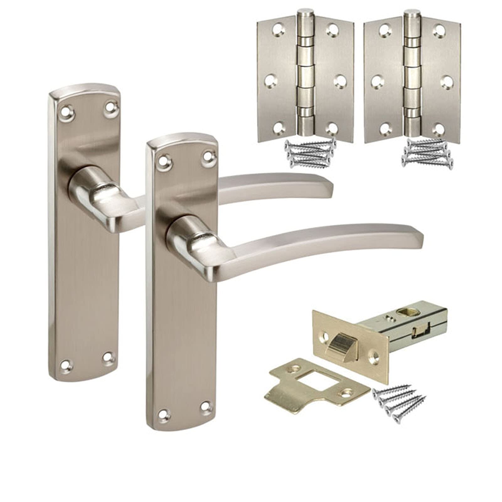 Modern Door Handle Pack with Arched Chrome Door Handles on Backplate, Latch & Hinges