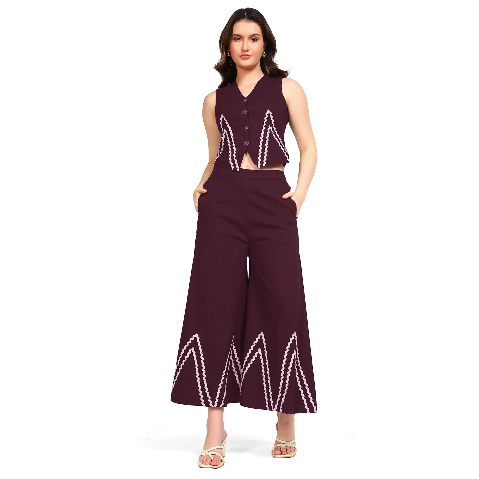 deebaco Women's Solid Lycra Ankle Length Waist Coat with Palazzo|V-Neck|Cord Set for Women Fashion|Long Jumpsuits Western Dress for Women Stylish|Two Piece Co ord Set|Casual Wear(Wine)-picture-56