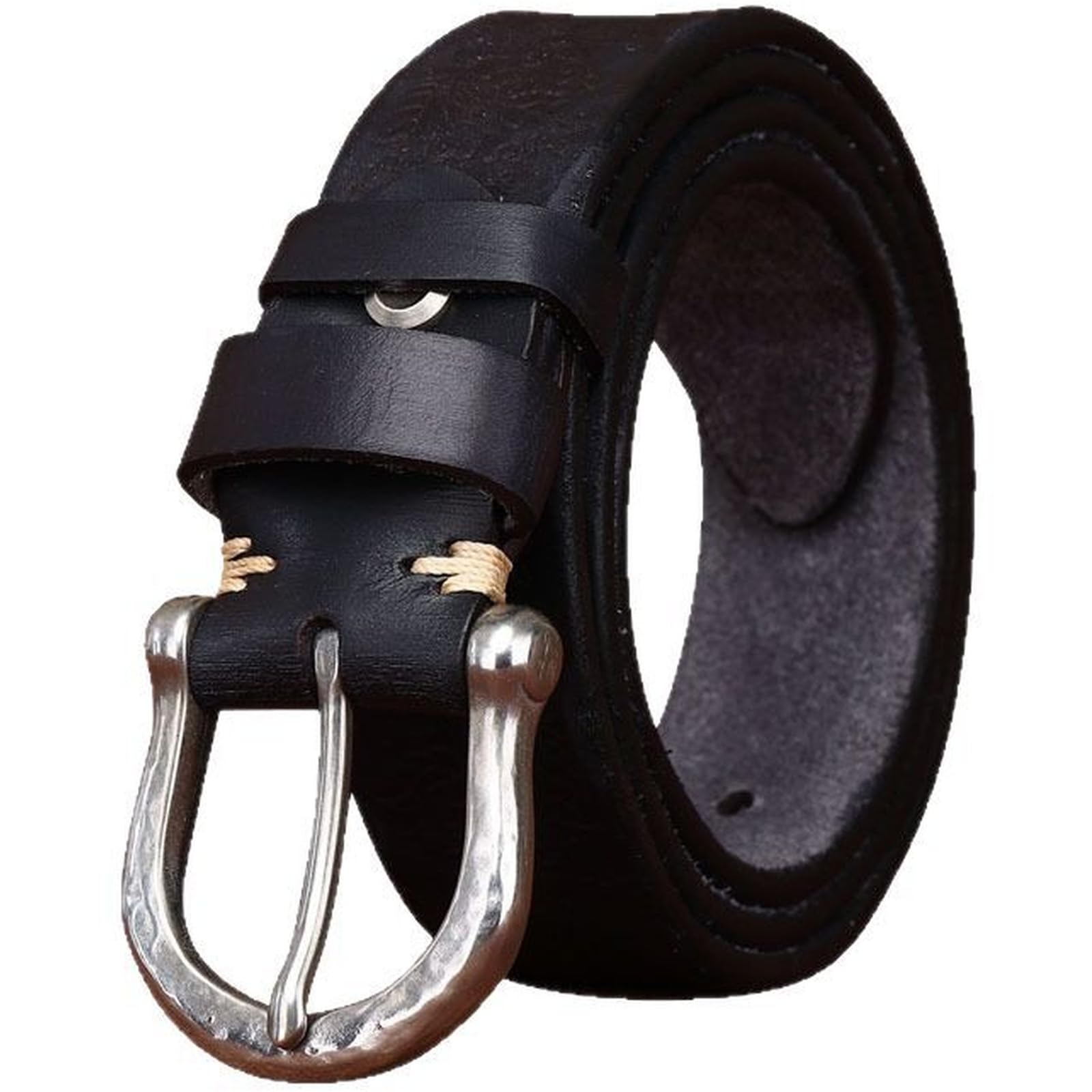AGUTALITHIC Thicken Handmade Embossed Cowhide Leather Belt Engraved Western Floral Strap with Antique Silver Horseshoe Buckle(130cm/51, Black)